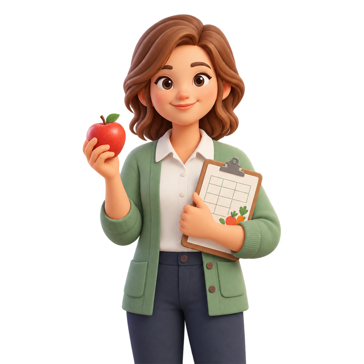 Dietista sonriente con una manzana y un plan de comidas