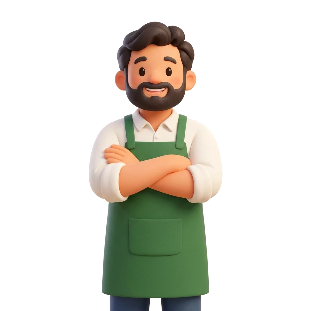 Tendero sonriente con delantal verde