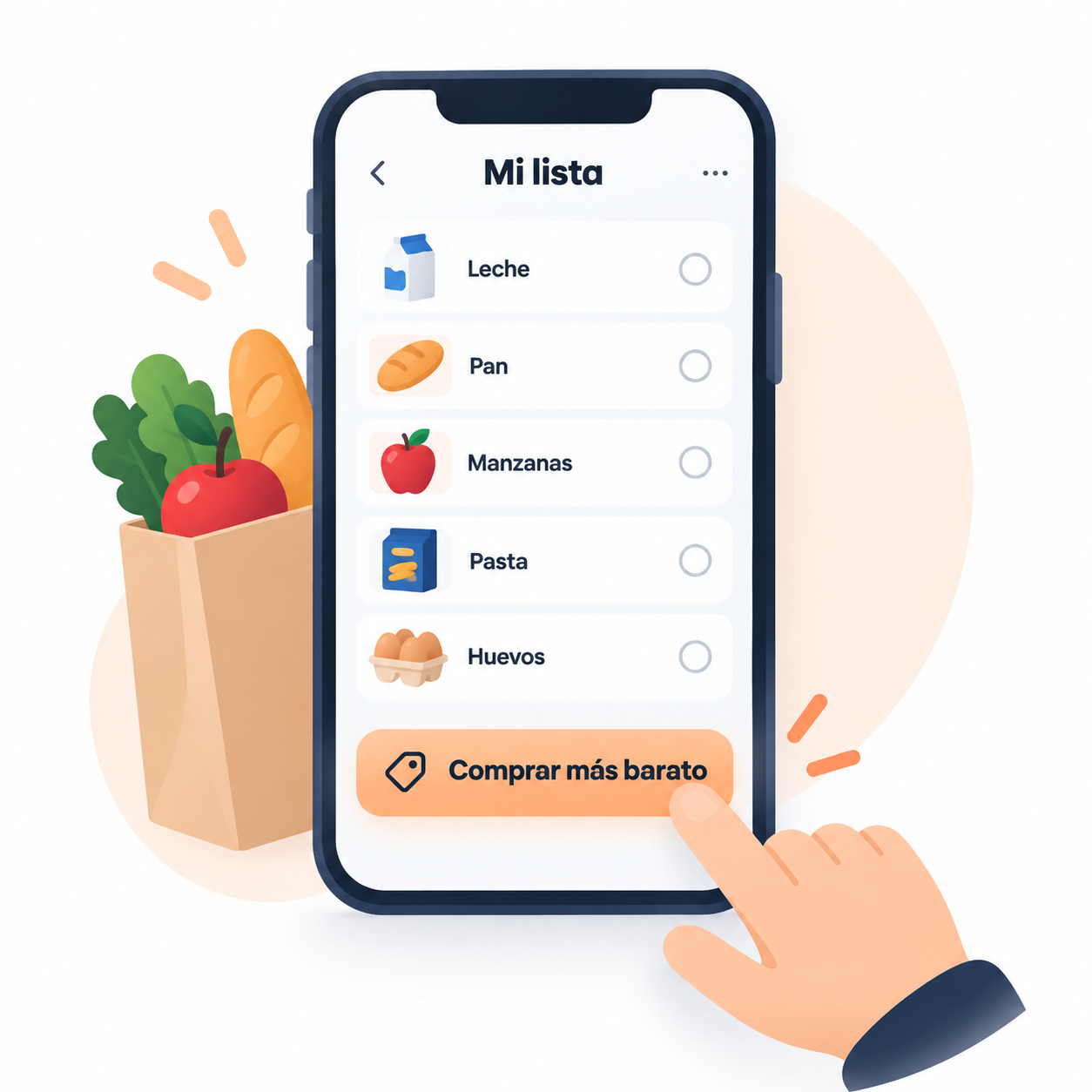 Ilustración de una lista de la compra en En Familia con la opción Comprar más barato