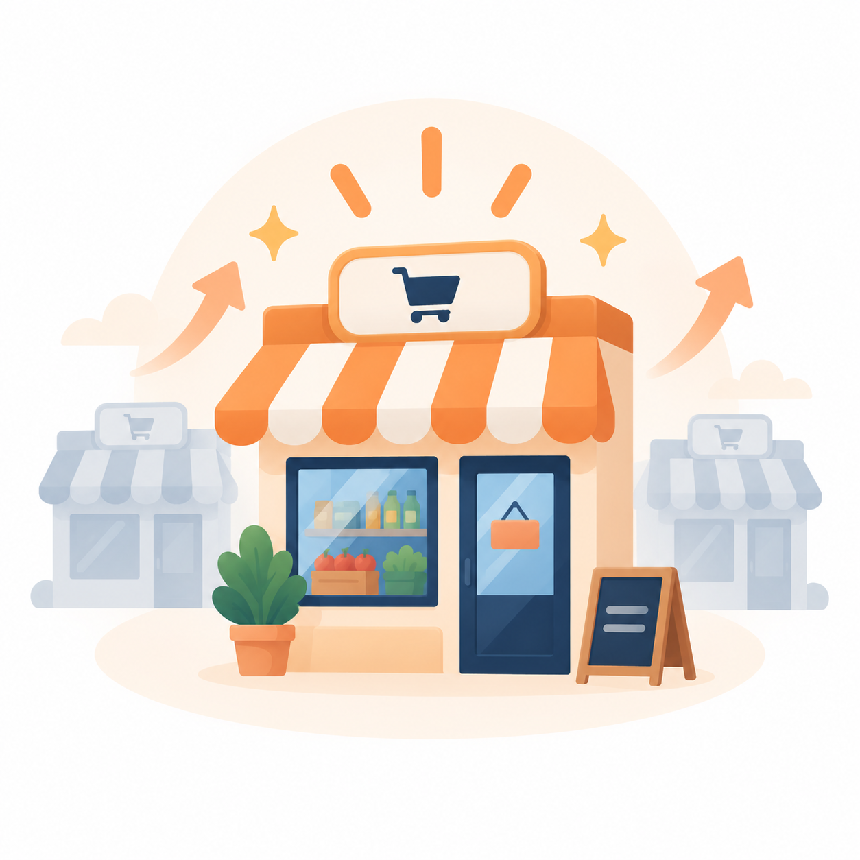 Ilustración de un comercio local ganando visibilidad en En Familia