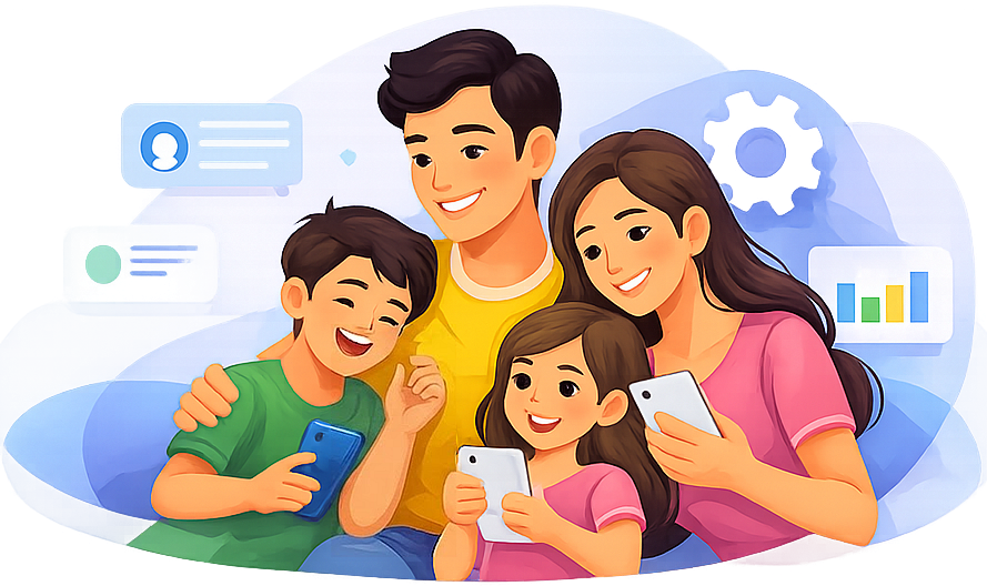 Ilustración de una familia usando En Familia