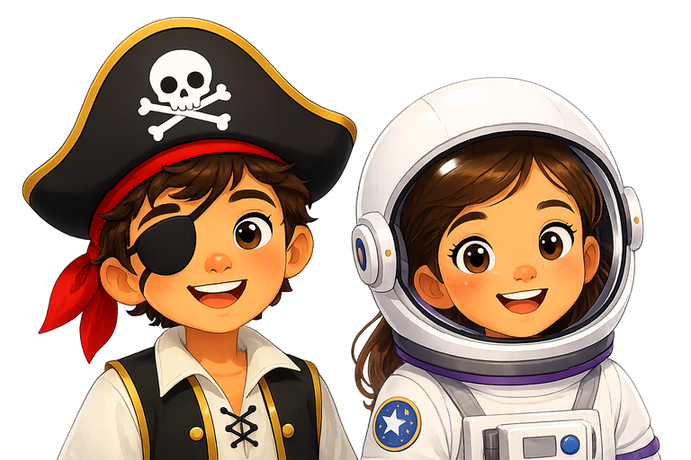 Ilustración amigable de dos niños jugando, uno disfrazado de pirata y otra de astronauta
