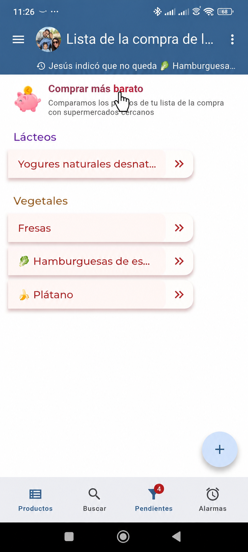 Pantalla de una lista de la compra en En Familia