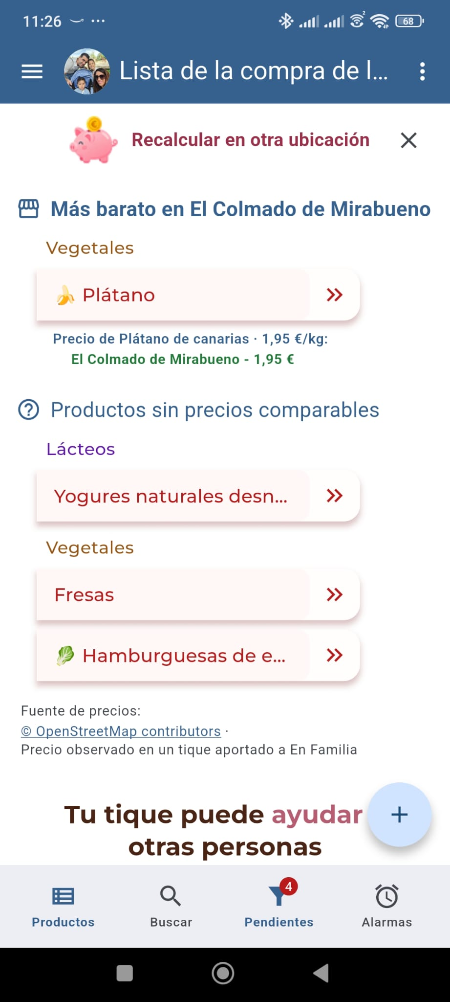 Pantalla de precios comparados de una lista de la compra en En Familia