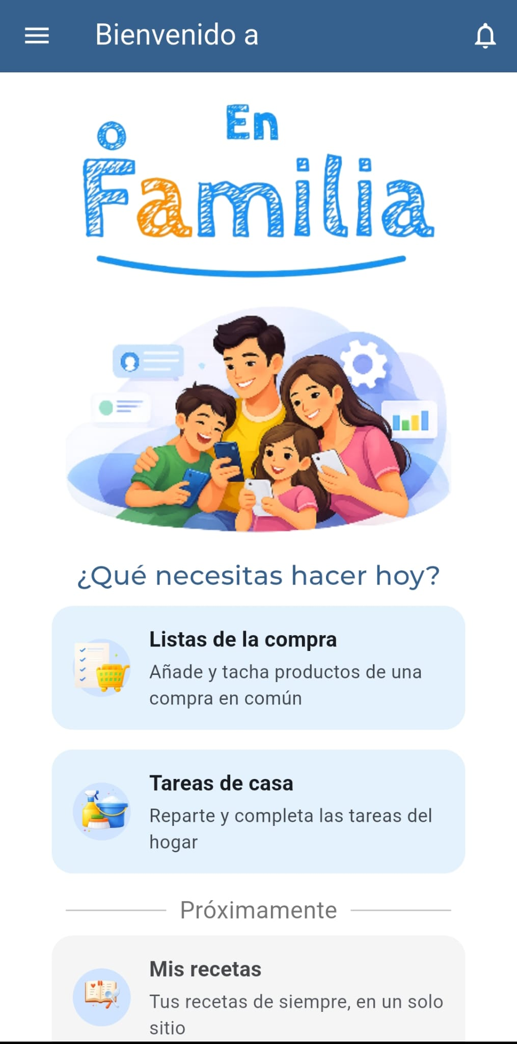 Menú principal de la app En Familia
